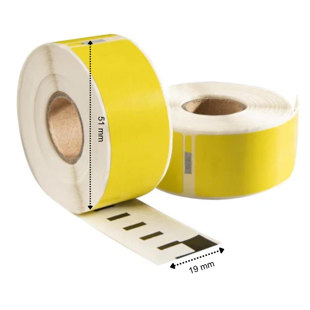 Etiquetas compatibles Dymo 11355 / S0722550 amarillas, 19 mm x 51 mm, 500 etiquetas por rollo, blancas, permanentes