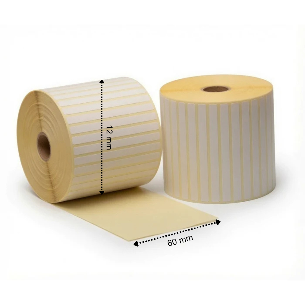 Etiqueta térmica, 60 mm x 12 mm, 5000 etiquetas por rollo, mandril 25 mm, blanco, Thermo ECO, permanente
