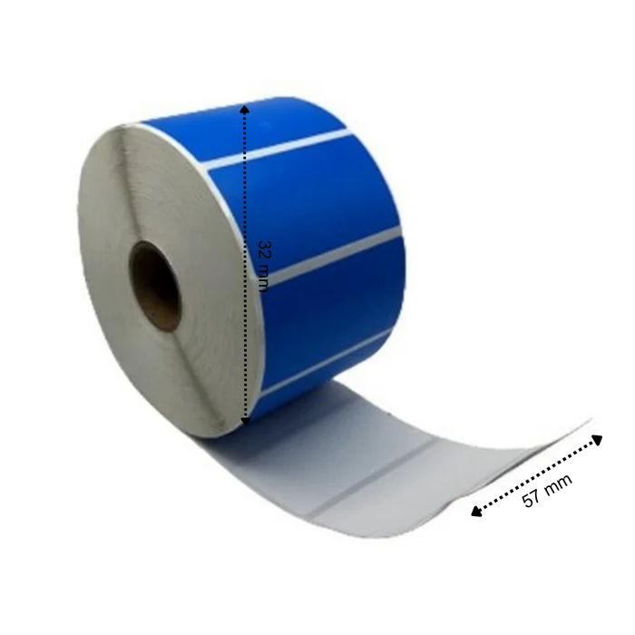 Etiqueta térmica, 57 mm x 32 mm Azul, 1500 etiquetas por rollo, núcleo de 25 mm, ECO, permanente