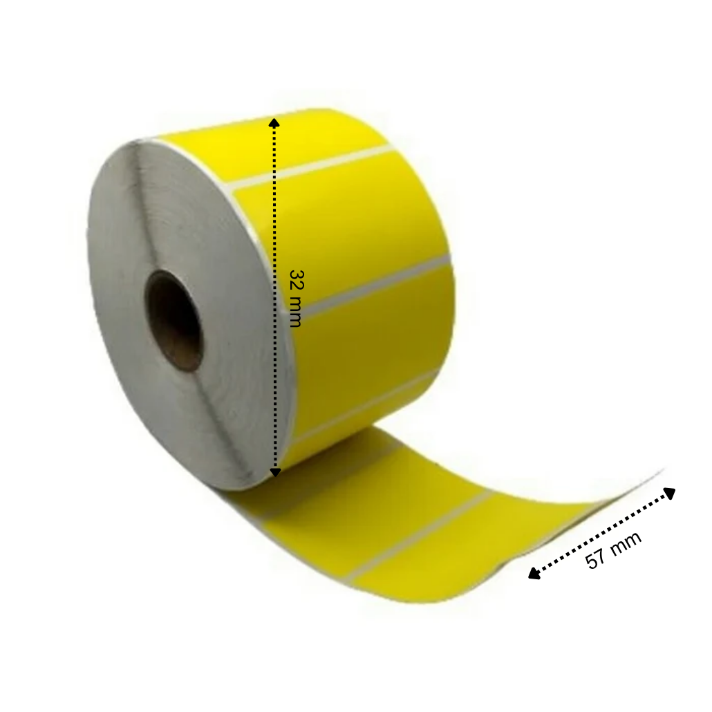 Etiqueta térmica, 57 mm x 32 mm Amarillo, 1500 etiquetas por rollo, núcleo de 25 mm, ECO, permanente