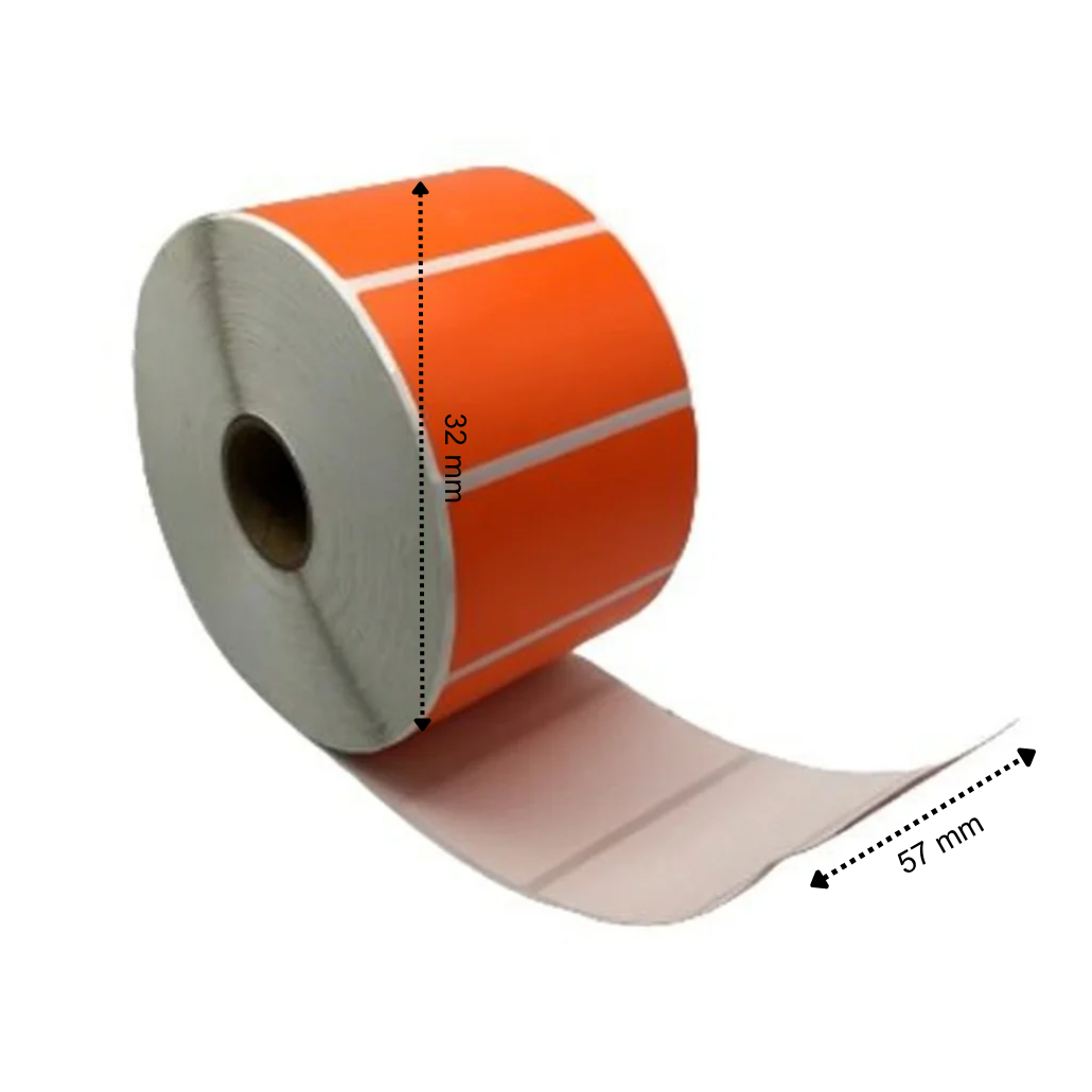 Etiqueta térmica, 57 mm x 32 mm naranja, 1500 etiquetas por rollo, núcleo de 25 mm, ECO, permanente