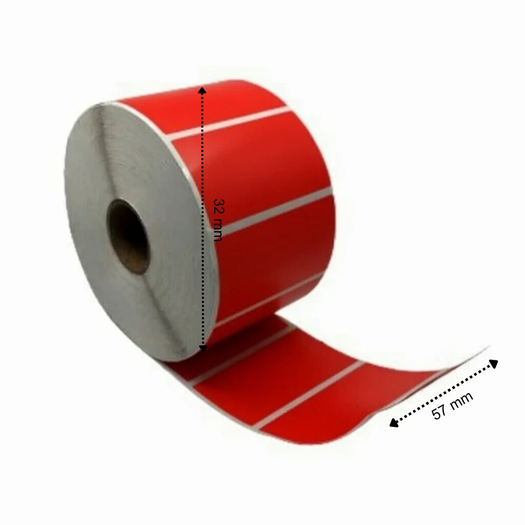 Etiqueta térmica, 57 mm x 32 mm roja, 1500 etiquetas por rollo, núcleo de 25 mm, ECO, permanente
