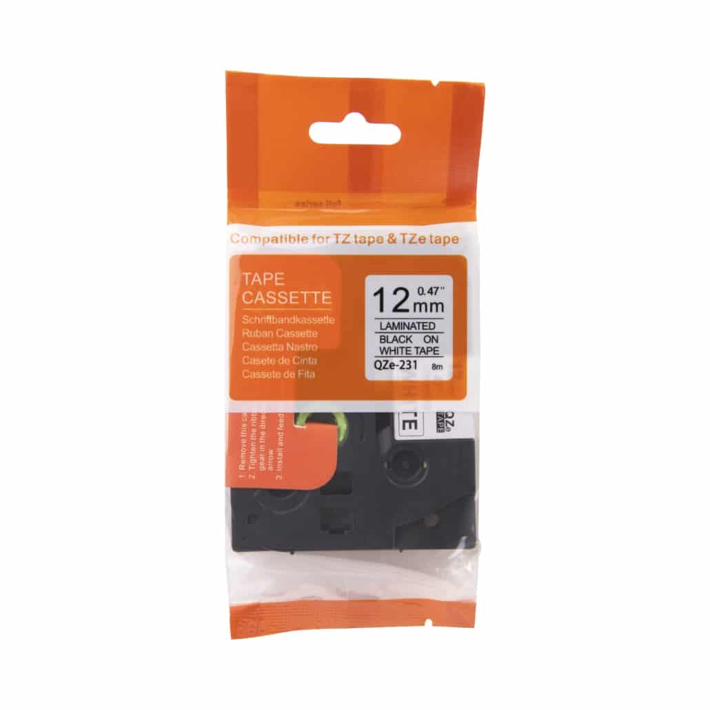 Cinta TZe-231 compatible con Brother, negro sobre blanco, 12 mm x 8 m