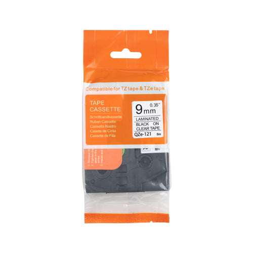 Cinta TZe-121 compatible con Brother, negro sobre transparente, 9 mm x 8 m