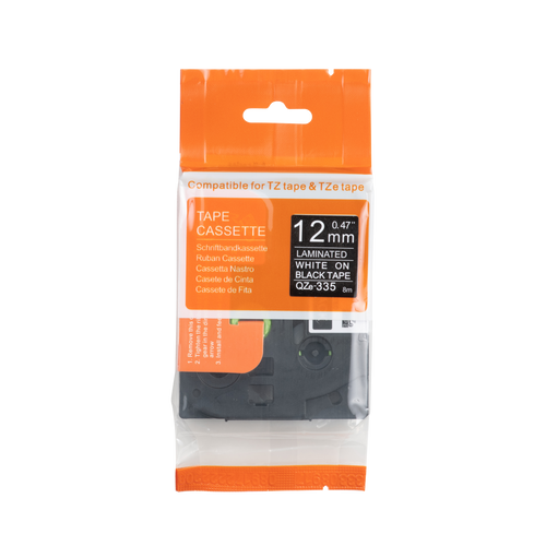 Cinta TZe-335 compatible con Brother, blanco sobre negro, 12 mm x 8 m