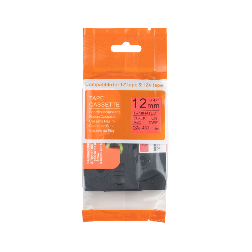 Cinta compatible con Brother TZE-431, negro sobre rojo, 12 mm x 8 m