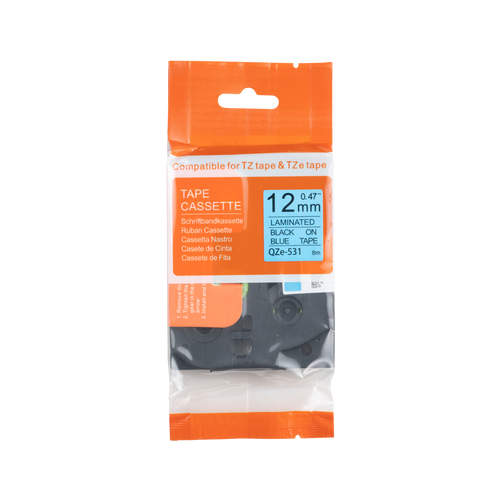Cinta TZE-531 compatible con Brother, negro sobre azul, 12 mm x 8 m