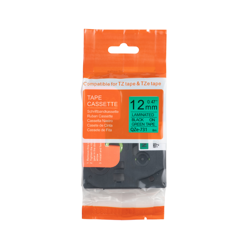 Cinta compatible con Brother TZE-731, negro sobre verde, 12 mm x 8 m
