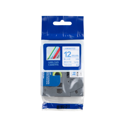 Cinta TZe-233 compatible con Brother azul sobre blanco 12 mm x 8 m